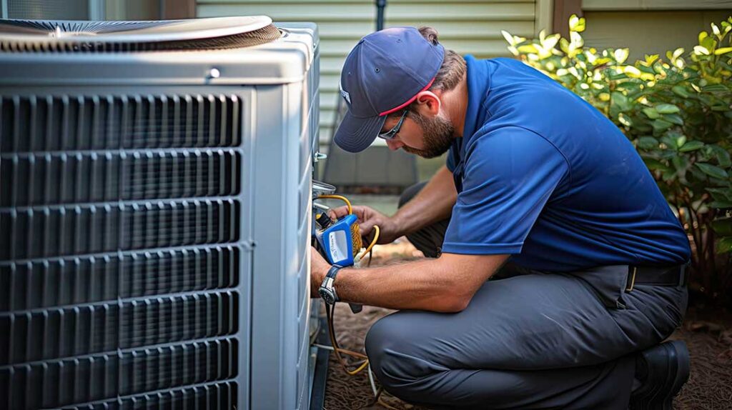 A homeowner replacing the air filter on a home furnace in a brightly lit utility room.