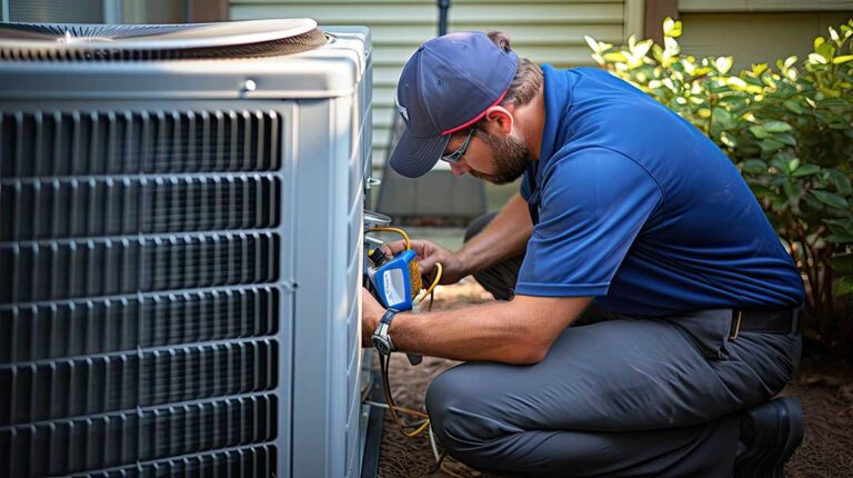 A homeowner replacing the air filter on a home furnace in a brightly lit utility room.